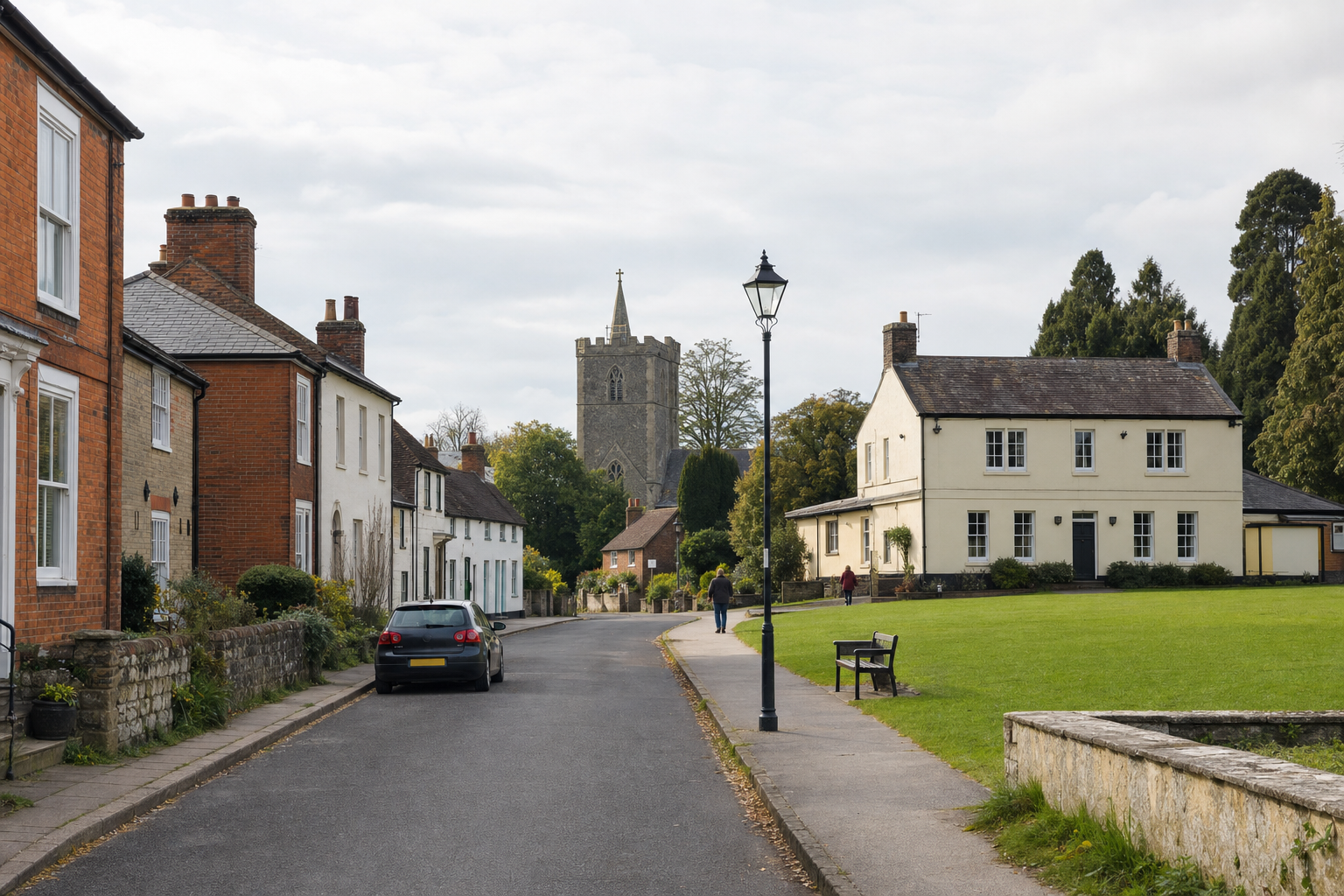 A quaint English village street with historic houses, a church tower, and people walking on a cloudy day.