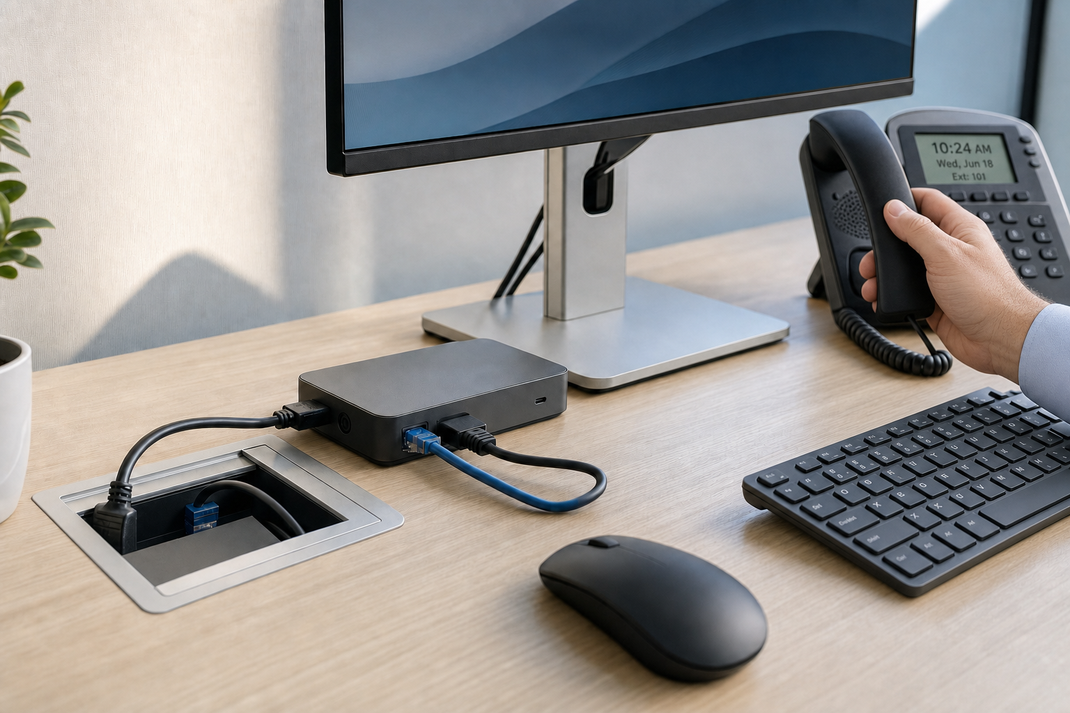 A person lifts a phone handset on a modern office desk equipped with a monitor, docking station, and keyboard.