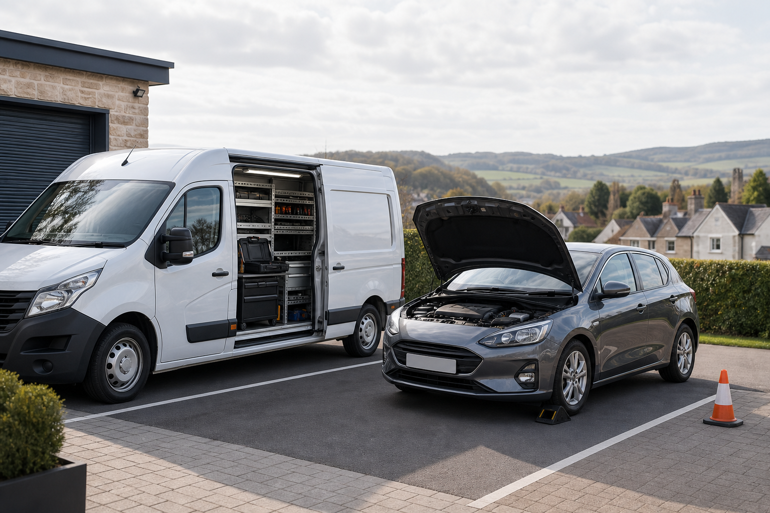 A van with an open side door and a car with an open hood parked in a lot.