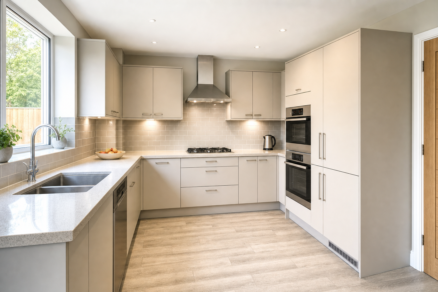 Modern kitchen with beige cabinetry, integrated appliances, and natural light from a large window.