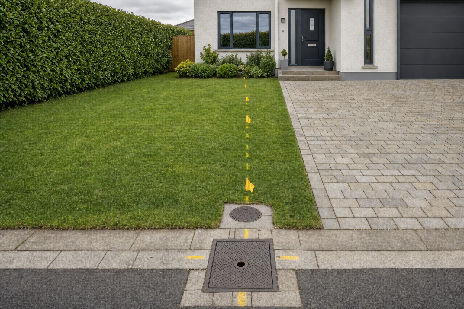 A modern house with a lawn marked by yellow flags and a path leading to a dark door.