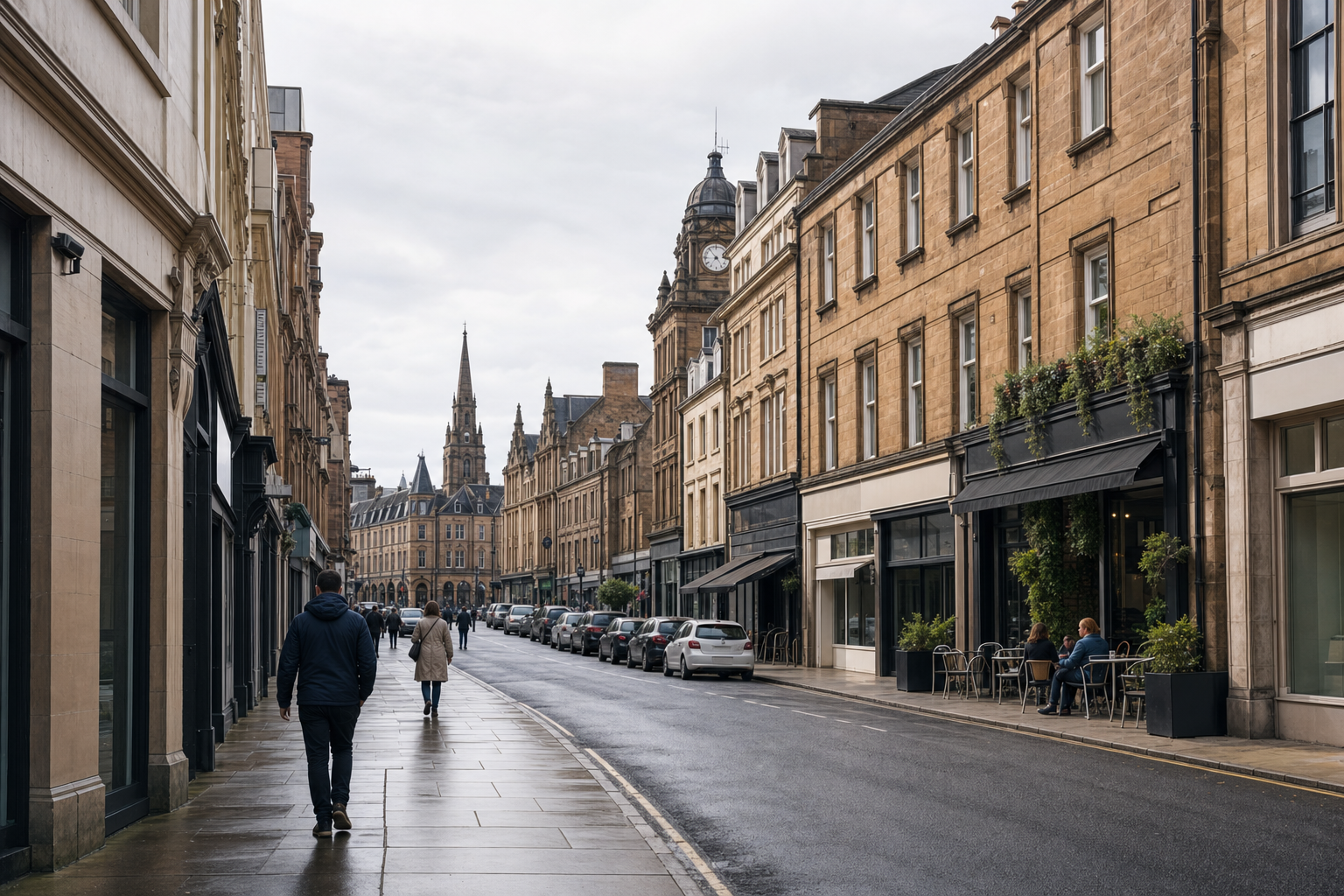 Urban street with people walking past historic buildings and a distant clock tower under a cloudy sky.