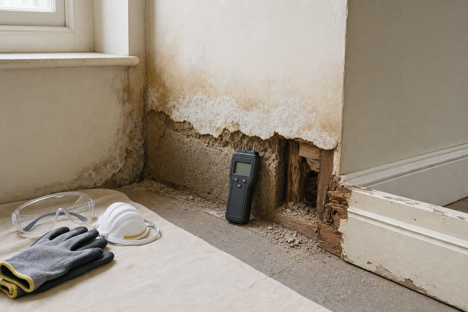 A damp wall with wood decay, a moisture meter, safety glasses, gloves, and a mask in a room corner.