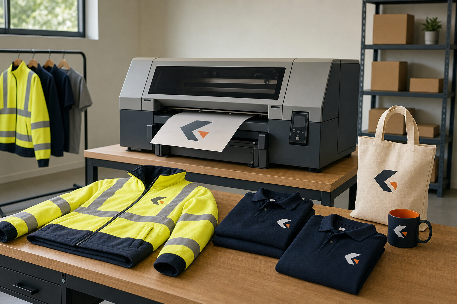 A workspace showcasing customised apparel, a printer, and branded items like a mug and bag, with a rack of clothes in the background.