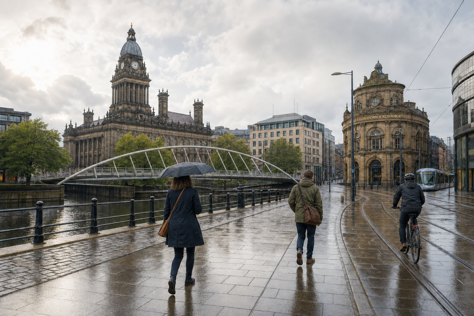 People walking and cycling on a wet street in Leeds city centre, with historic buildings and a bridge visible.