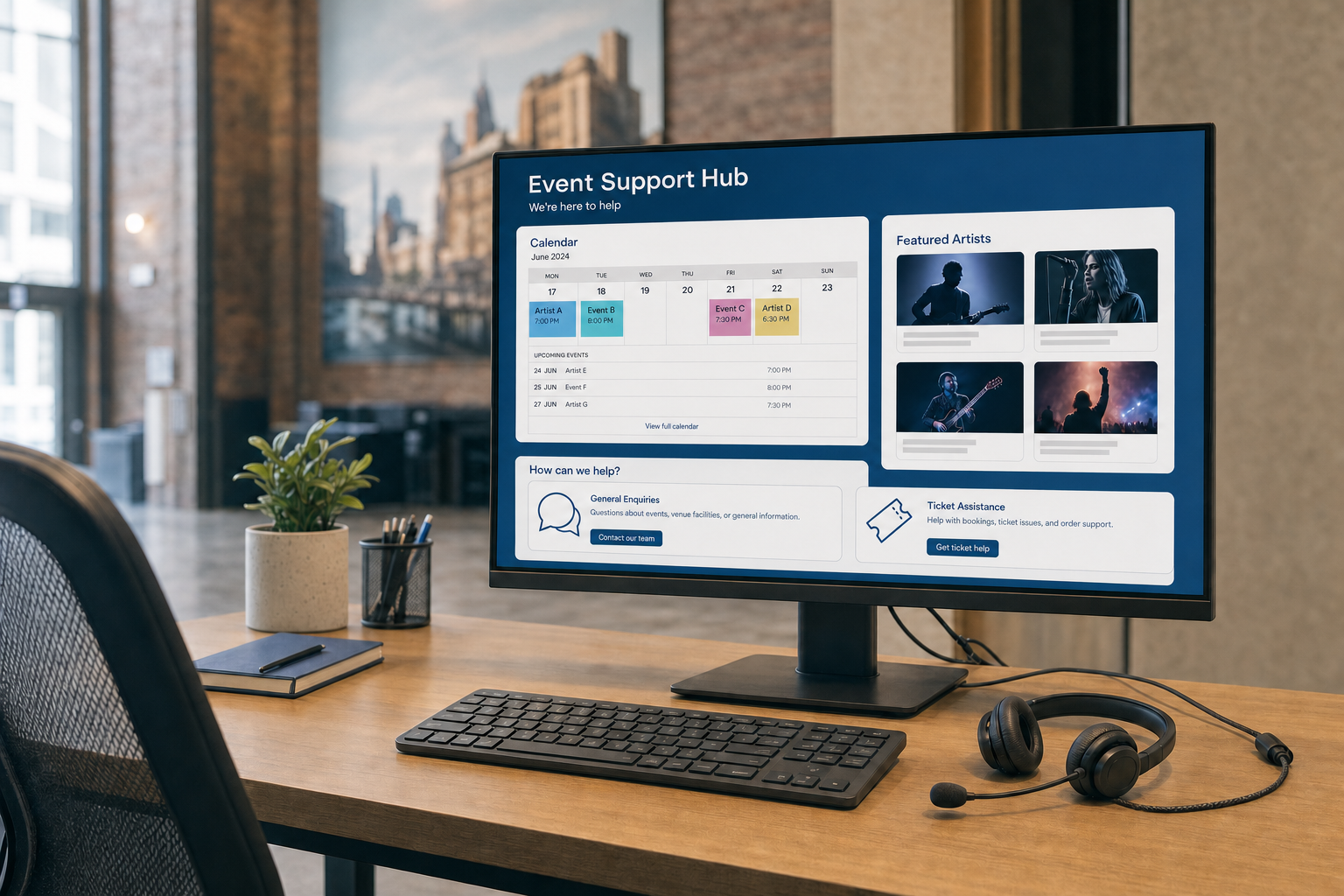 Computer monitor displaying an event support hub webpage with a calendar and featured artists, on a modern office desk.