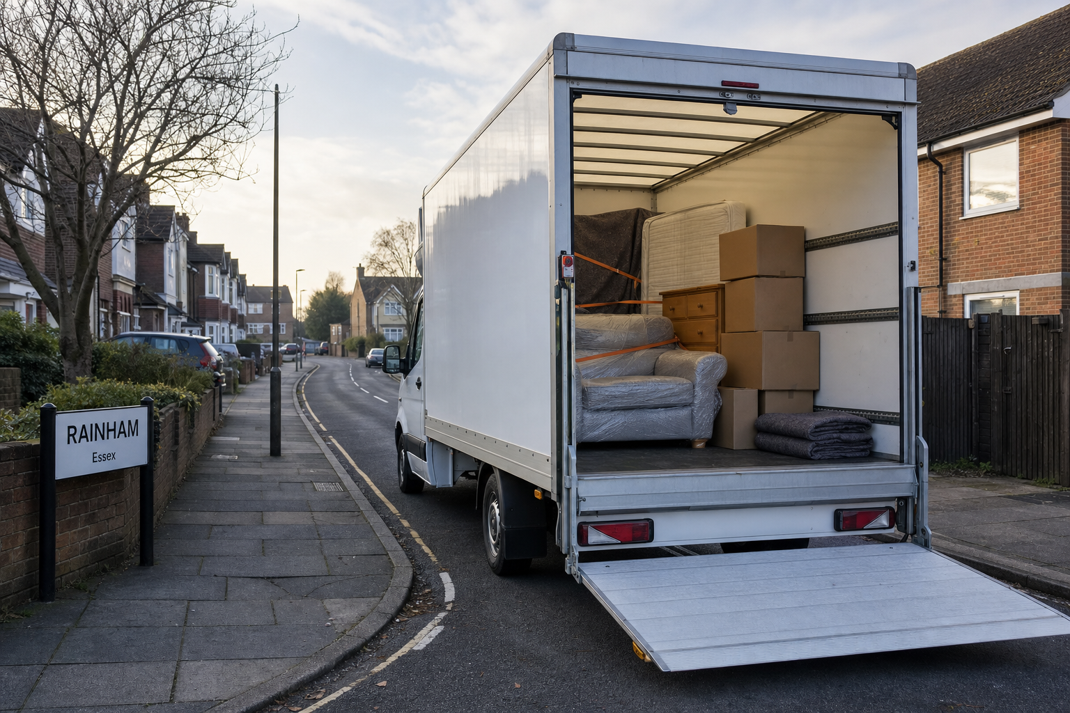 A removal van parked on a residential street in Rainham, Essex, loaded with furniture and boxes.