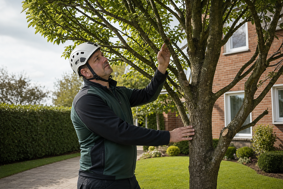 Man in a safety helmet inspecting a tree in a garden with a brick house in the background.