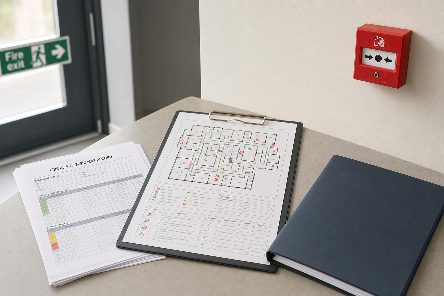 Fire evacuation plan, assessment documents, and blue folder on a desk near a fire exit and alarm.