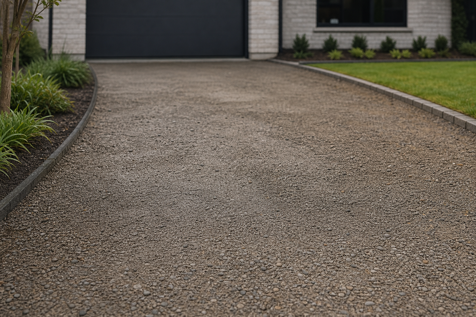 Gravel driveway leading to a residential garage, bordered by green grass and small shrubs.