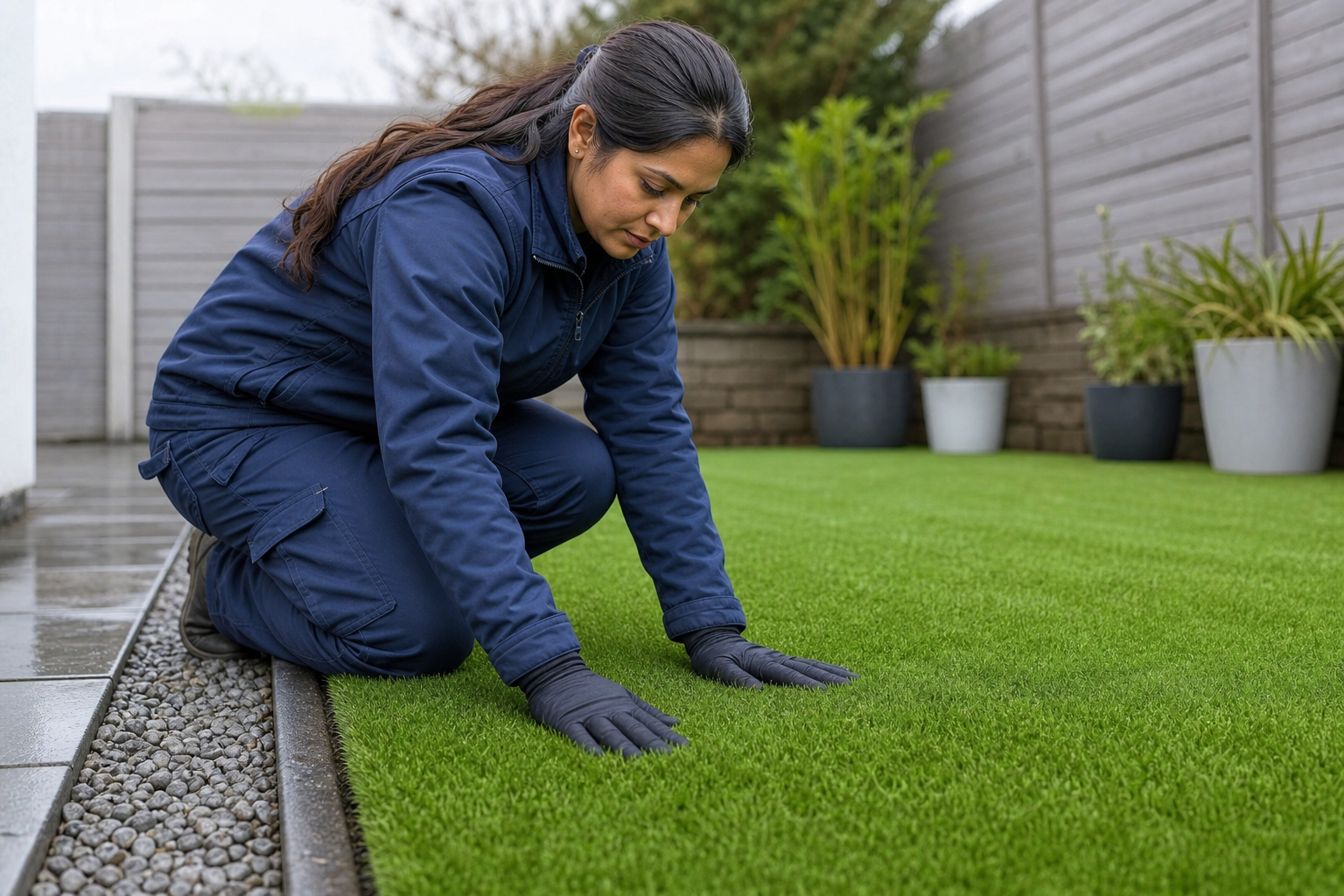 Person in a blue uniform adjusting artificial grass in a garden with potted plants along a wooden fence.