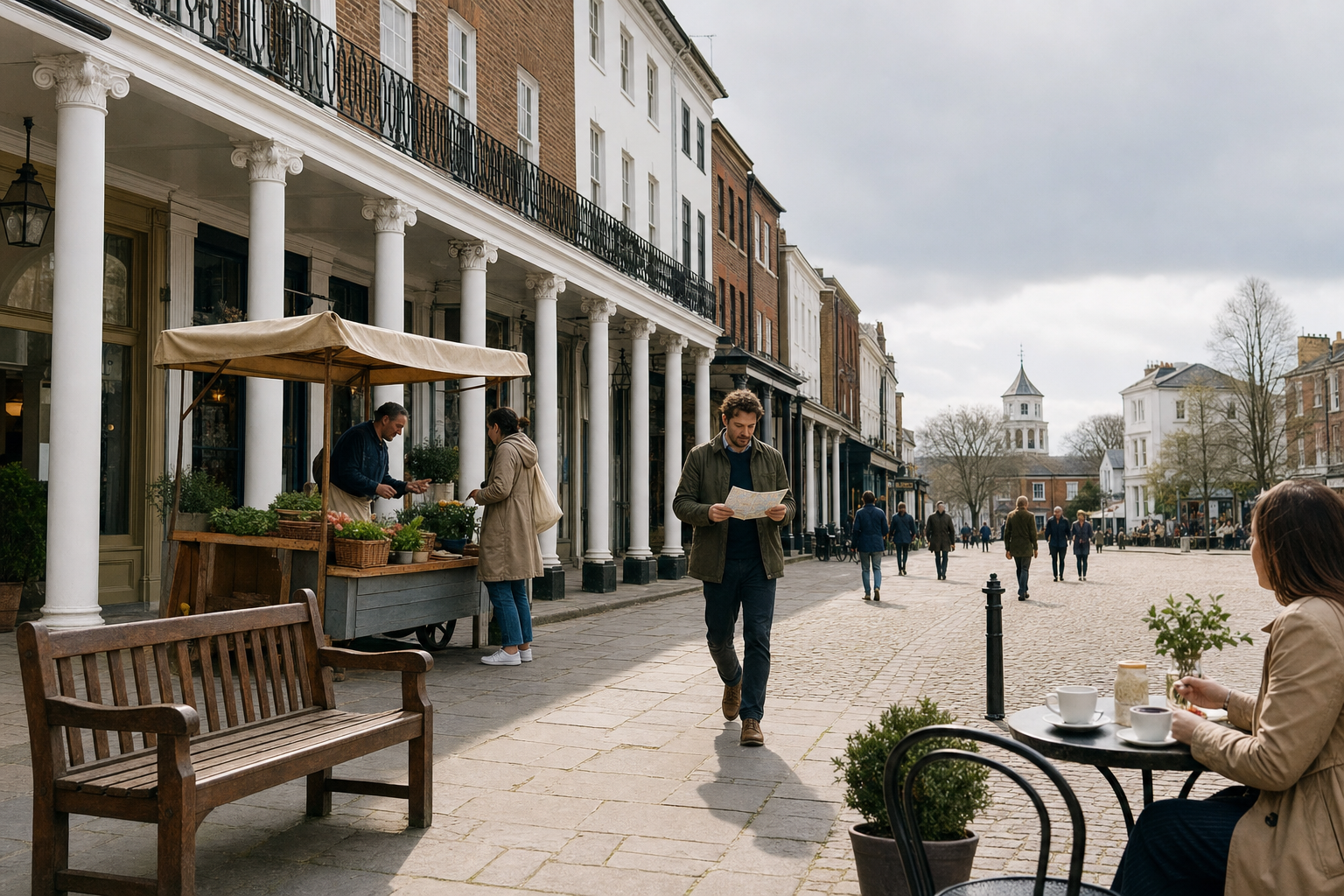 People stroll past a market stall under colonnades on a pedestrian street, with a woman seated at a café table in the foreground.