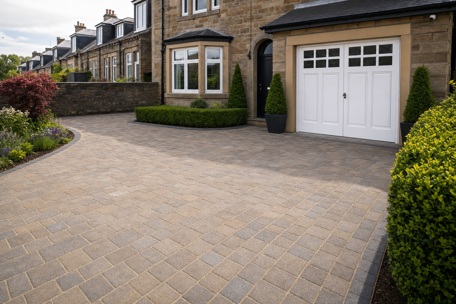 A neatly paved driveway leads to a stone house with a white garage door and manicured shrubs.