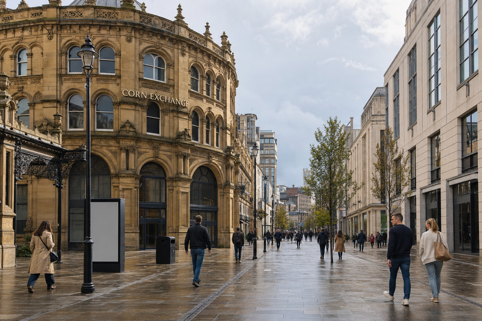 People walking on a wet street in front of the historic Corn Exchange building in a city.