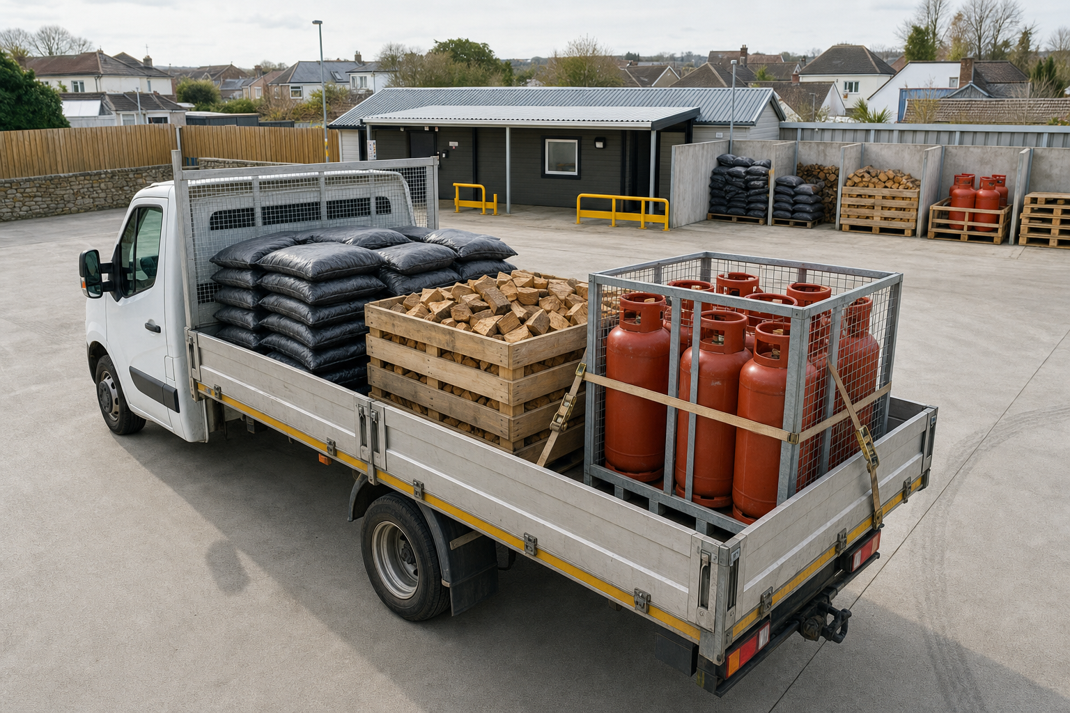 A lorry carrying bags of coal, firewood, and gas cylinders is parked on a concrete surface near a storage building.