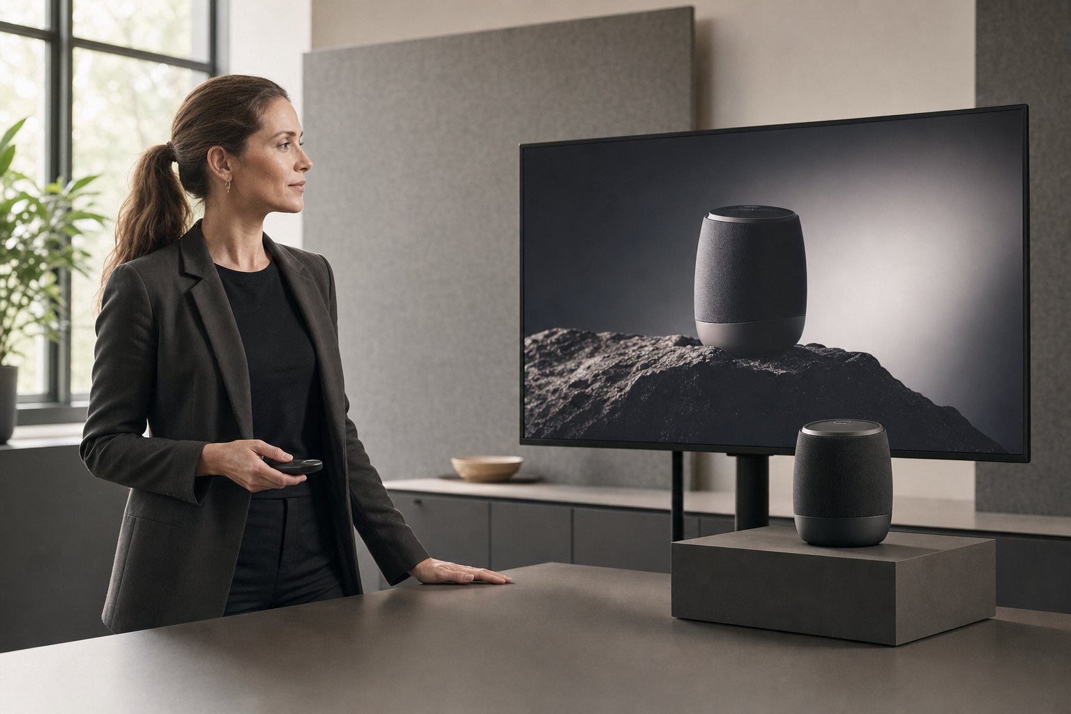 A woman in a suit stands next to a smart speaker display on a desk in a modern office.