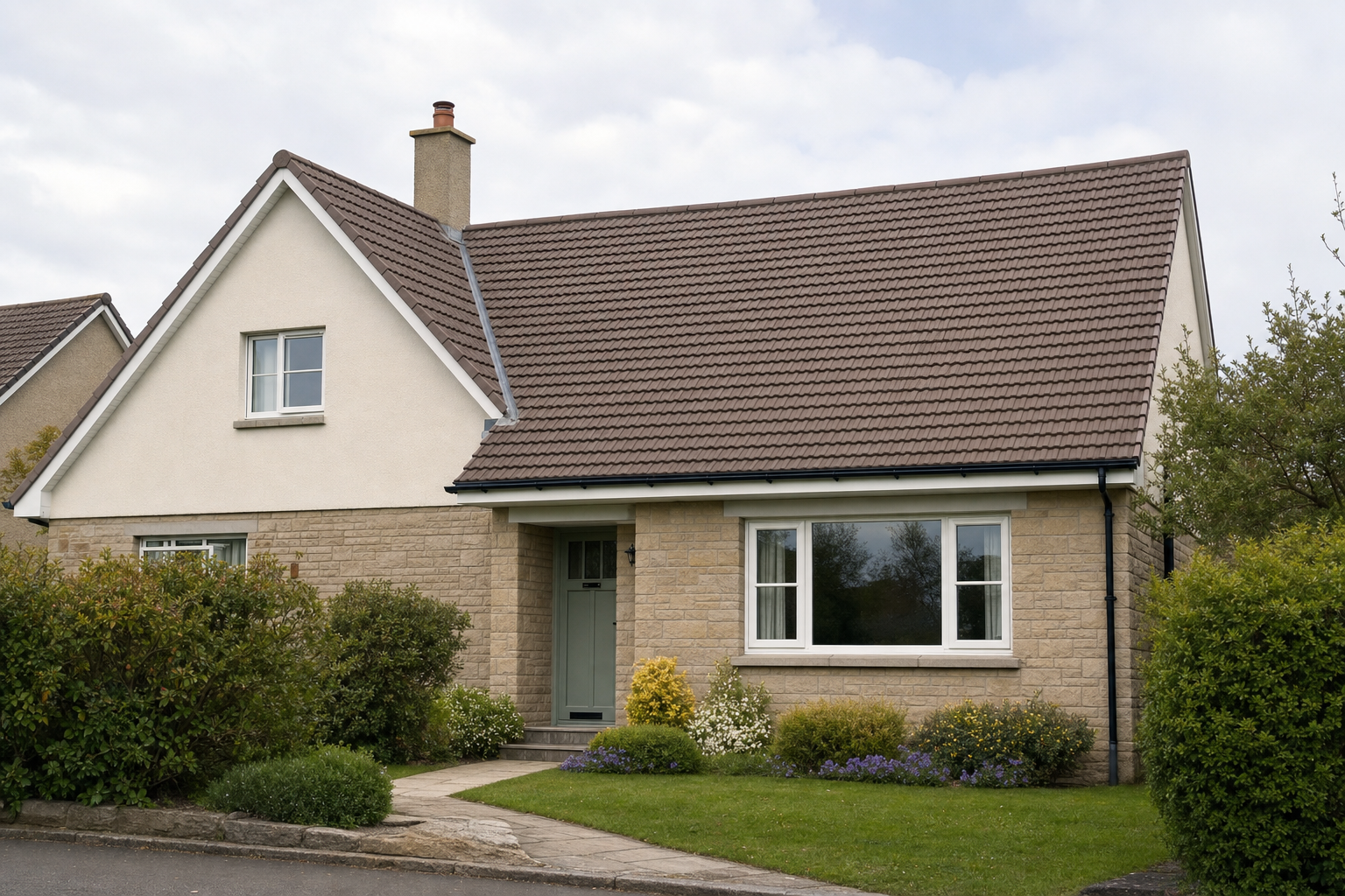 A single-storey house with a tiled roof and a well-maintained front garden on a cloudy day.