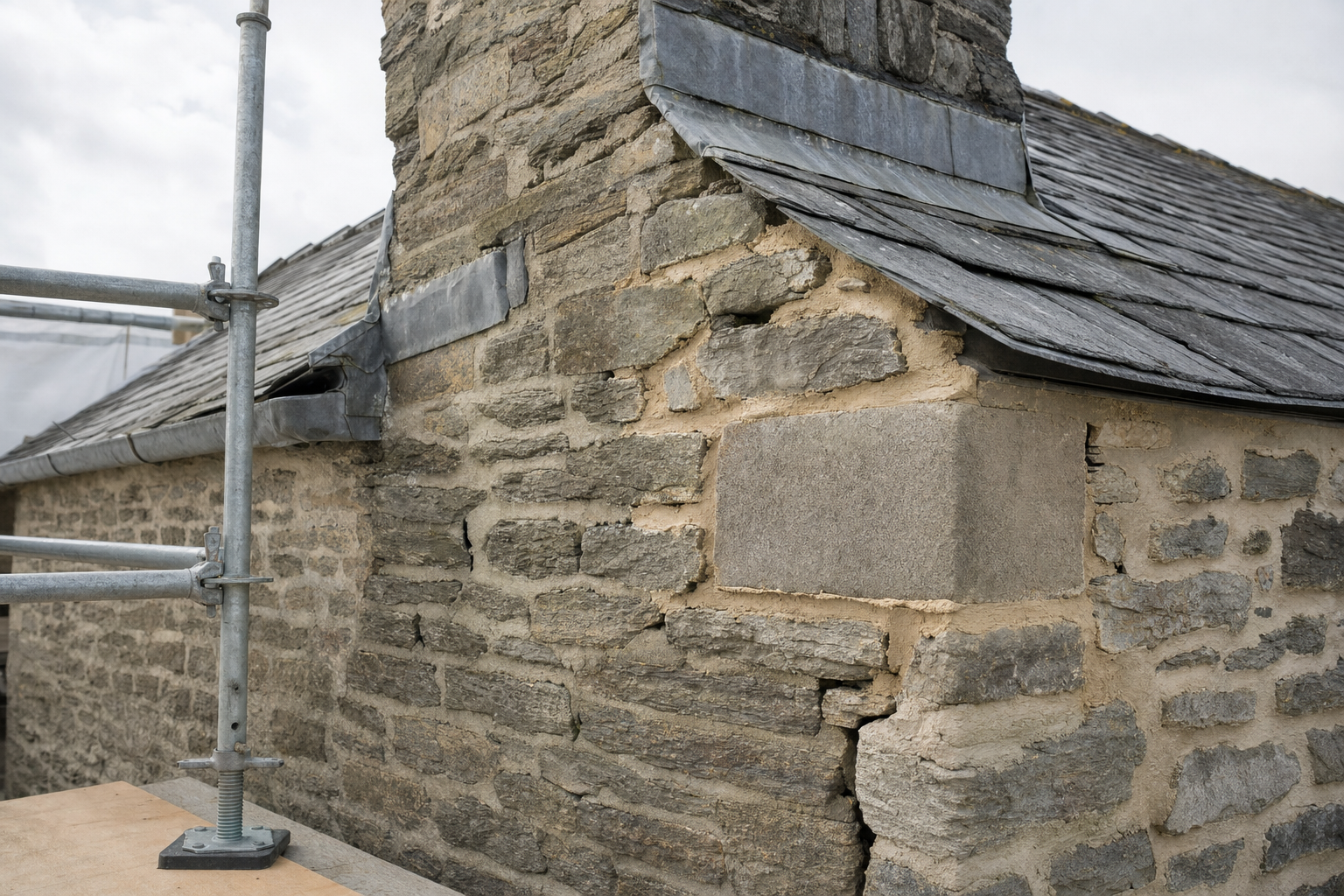 Stone cottage roof under repair with scaffolding in place.