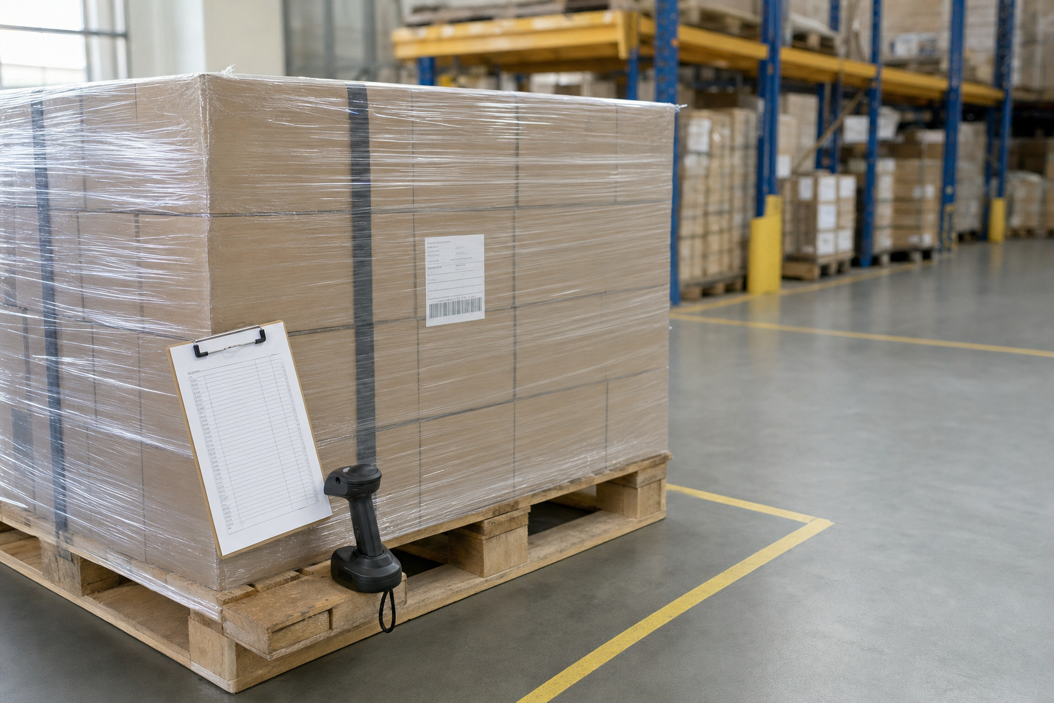 A large pallet wrapped in plastic with a clipboard and barcode scanner on top, set in a warehouse.