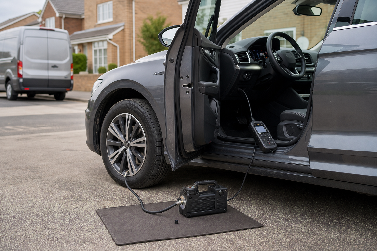 Car undergoing emissions testing with a connected device and exhaust probe.
