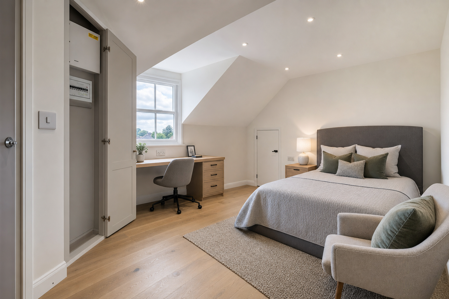 Modern bedroom with a neatly organised desk by the window, a comfortable bed, and an upholstered chair.