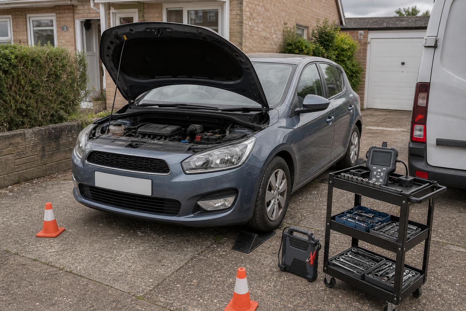 Car with open hood being serviced in a driveway, surrounded by tools and equipment.