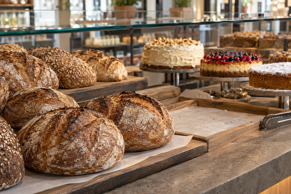 Assorted artisan bread and cakes displayed on wooden trays in a bakery setting.