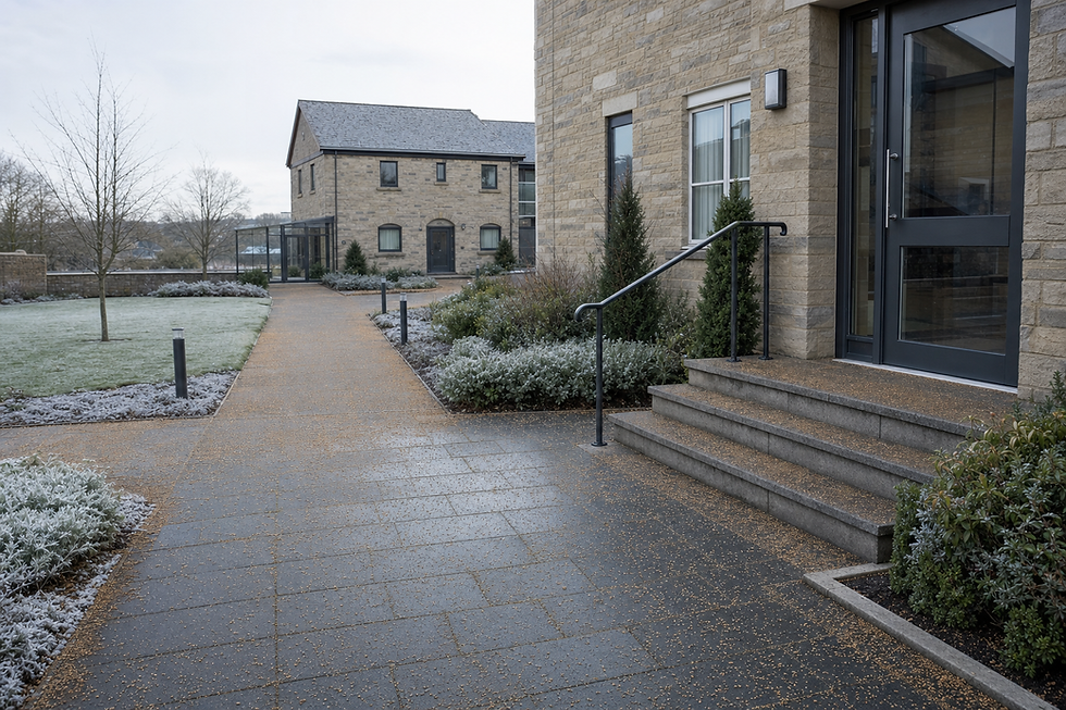 Frosted pathway leading to a modern stone building entrance with surrounding wintry gardens.