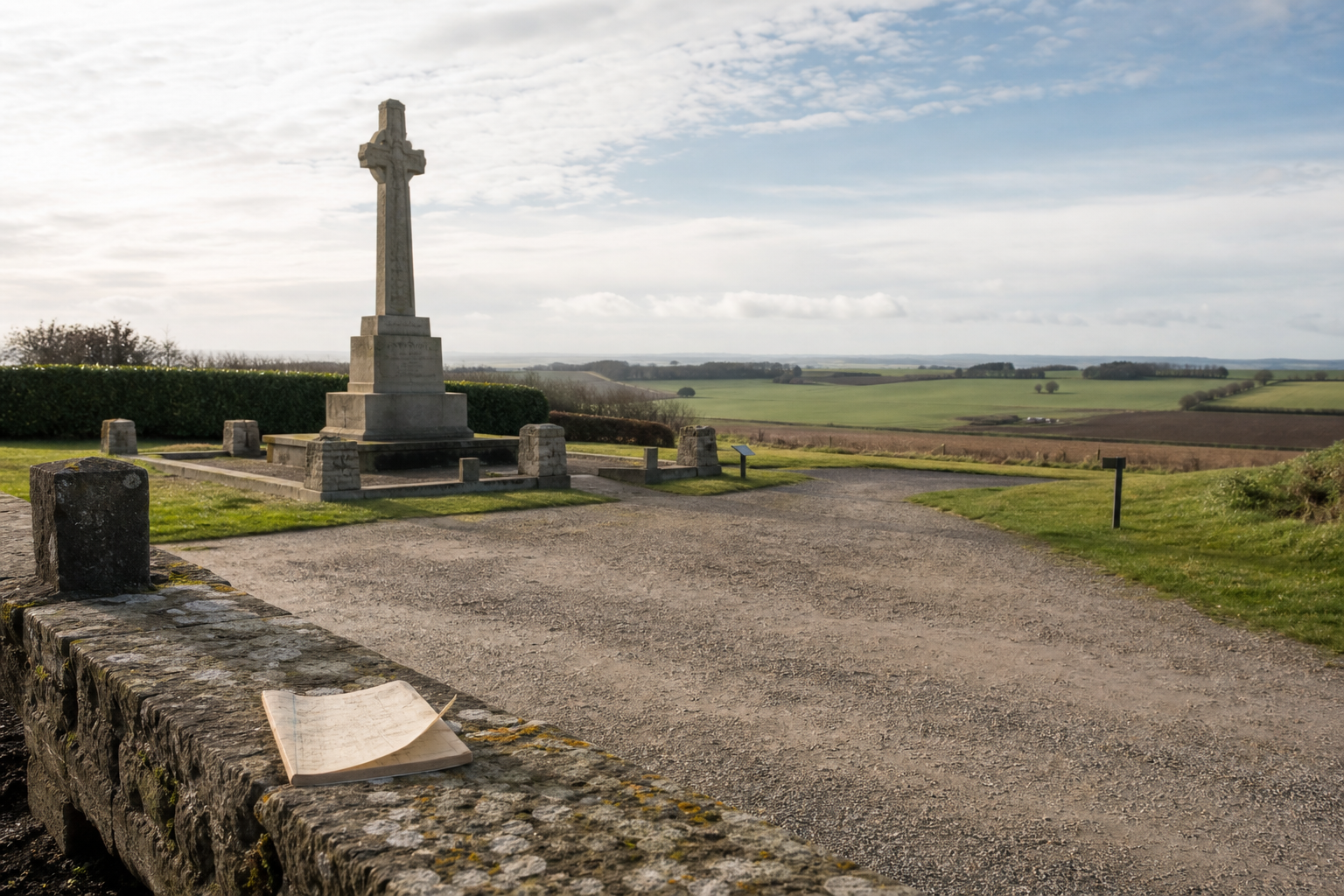 Stone cross monument in a rural landscape with an open notebook lying on a nearby stone ledge.