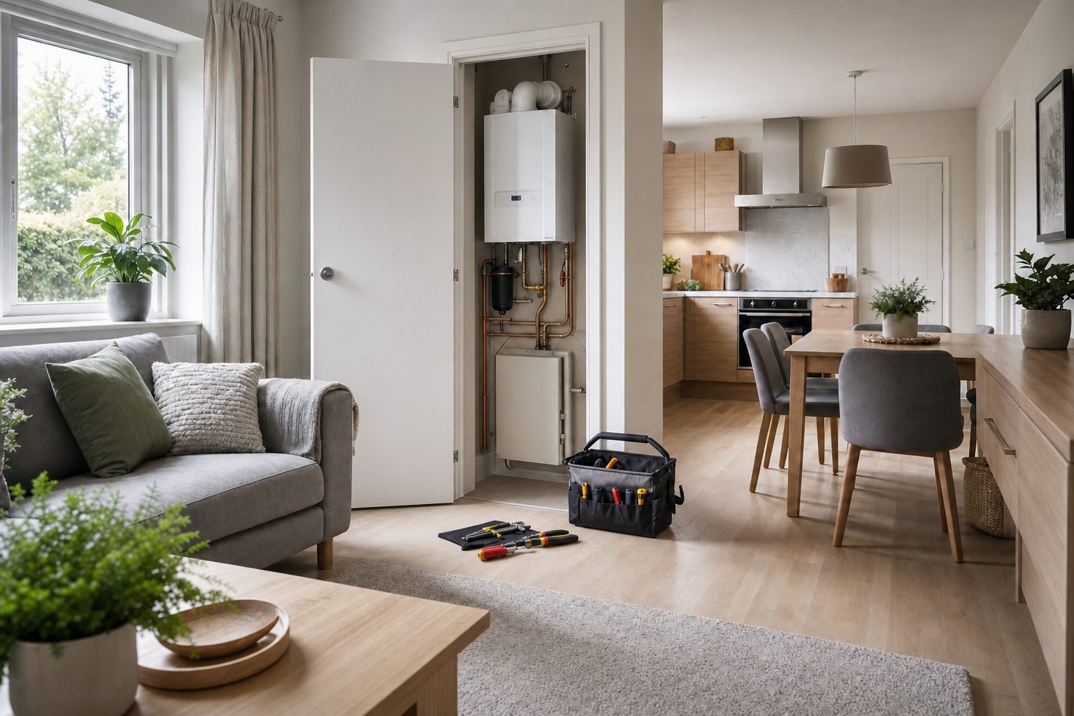 A modern living and dining room with an open boiler cupboard, toolbag, and tools on the floor.