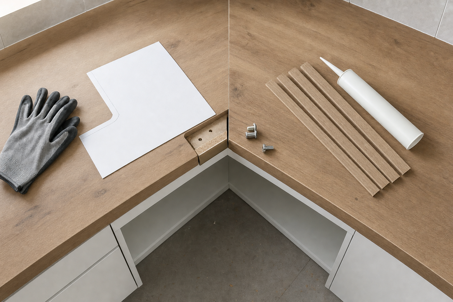 Wooden corner countertop assembly with gloves, template, screws, wood strips, and adhesive on a work surface.