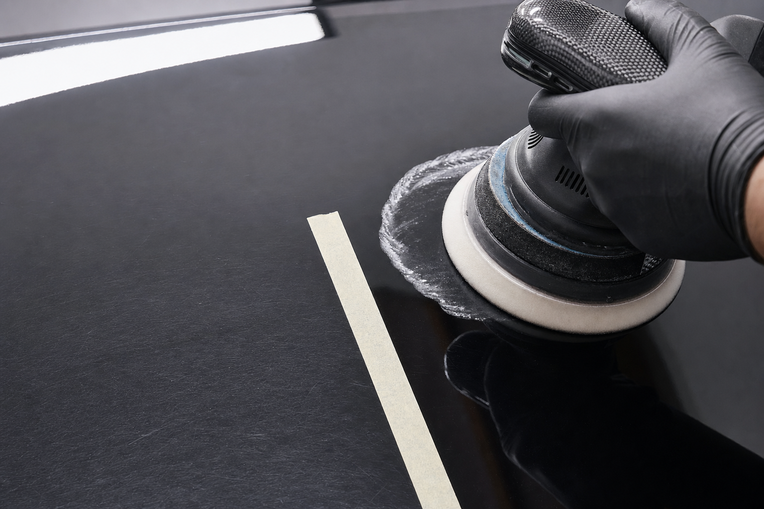Gloved hand using a power polisher on a car's black surface next to a strip of masking tape.