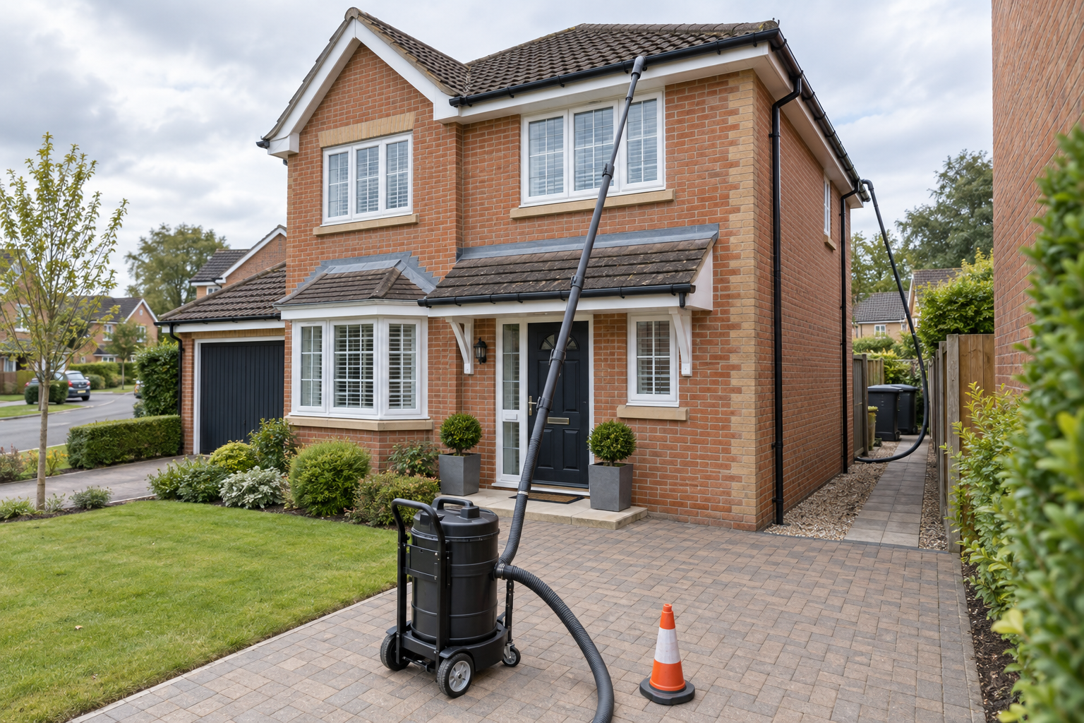 A brick house with a cleaning machine on the driveway and an orange cone beside it.