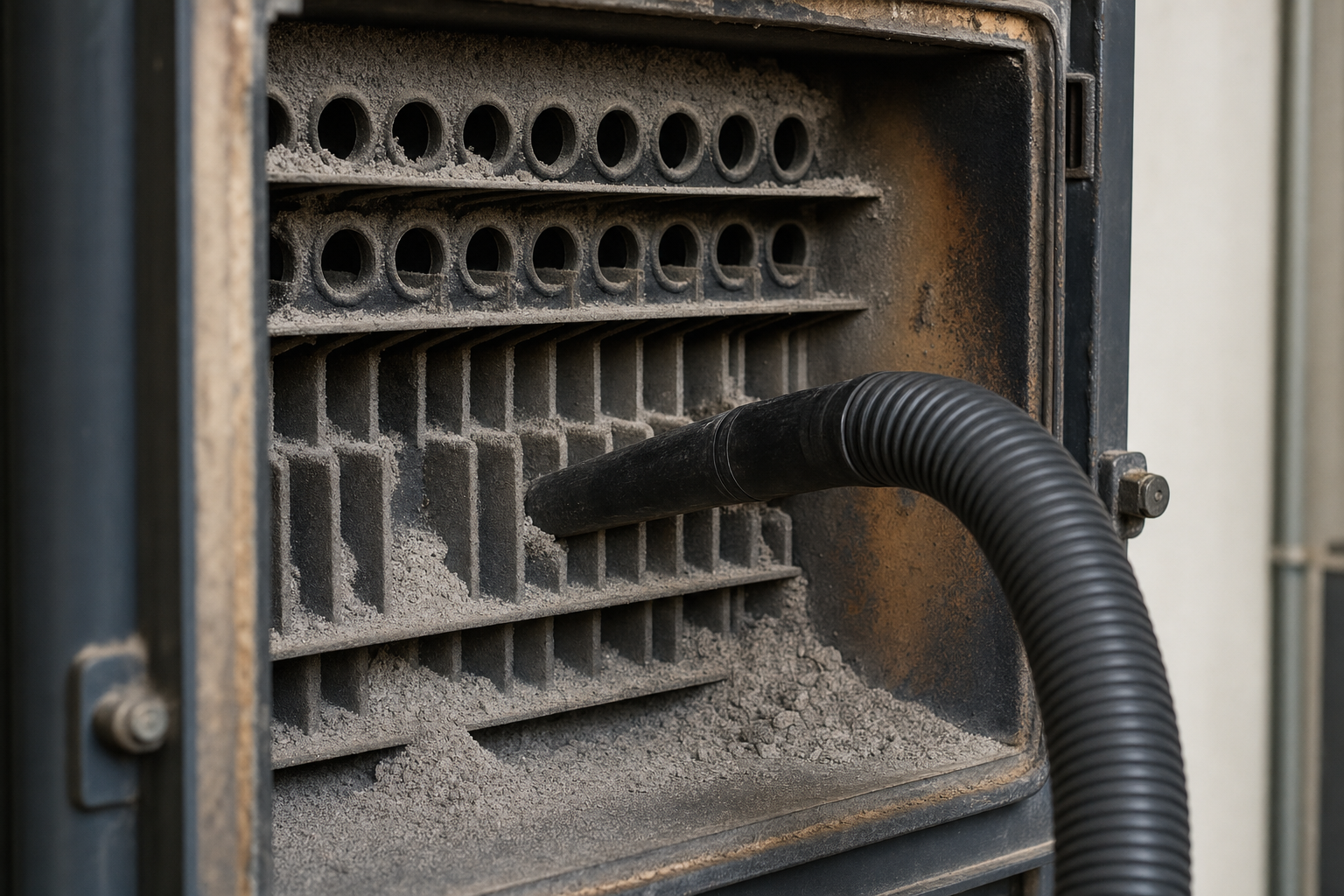 A vacuum hose removes accumulated dust from the interior of an industrial furnace.