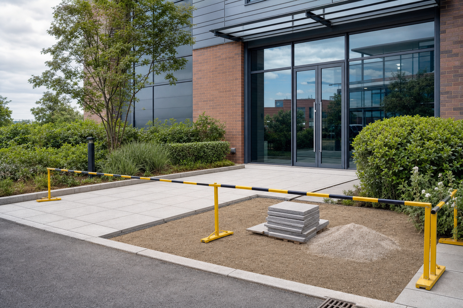 Construction barriers and paving slabs beside a modern building entrance with glass doors.