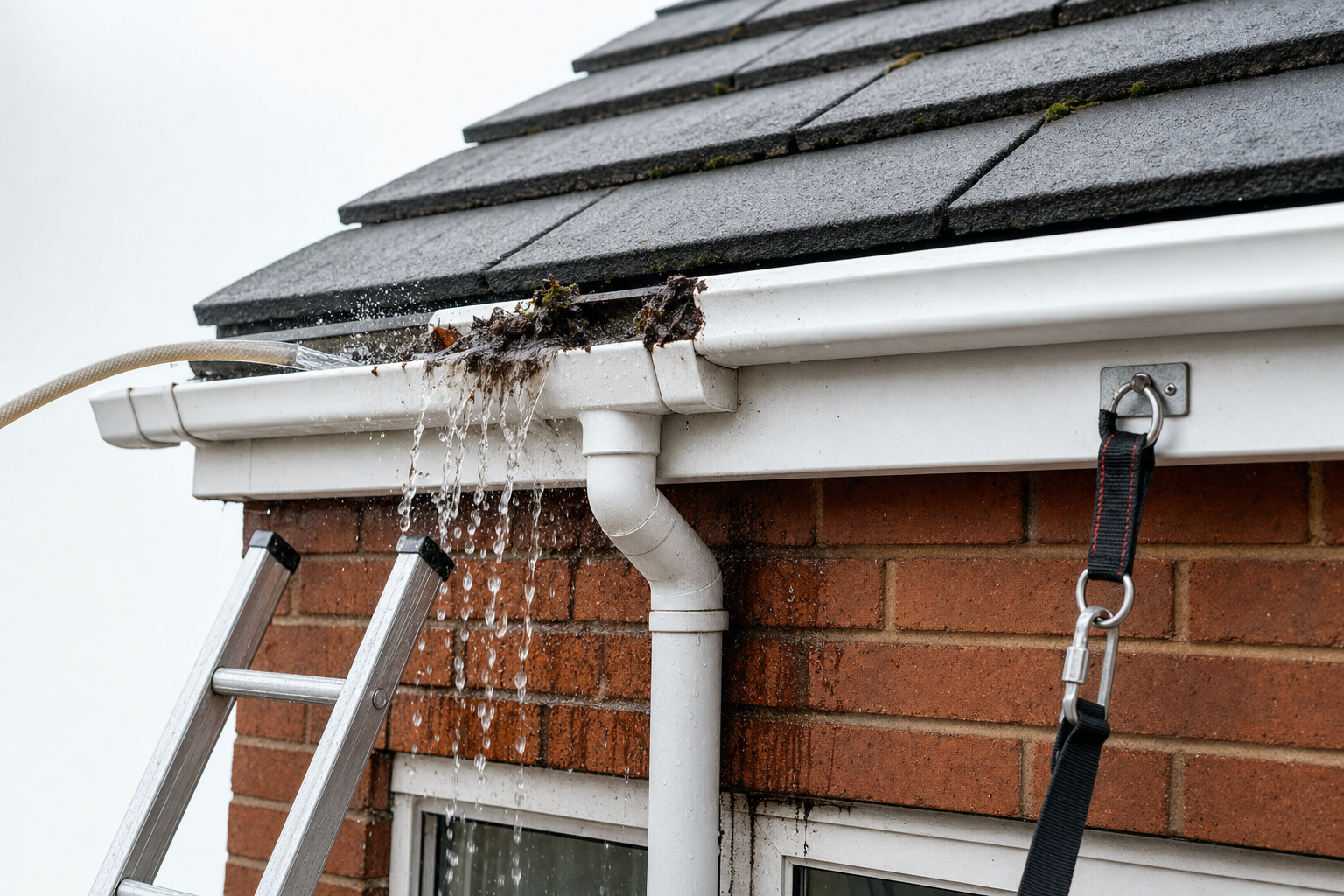 Ladder next to a roof gutter overflowing with water and leaves, with a safety harness attached to the wall.
