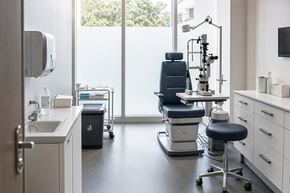 Modern optometry office with examination chair, slit lamp machine, and clean, minimalist furnishings.
