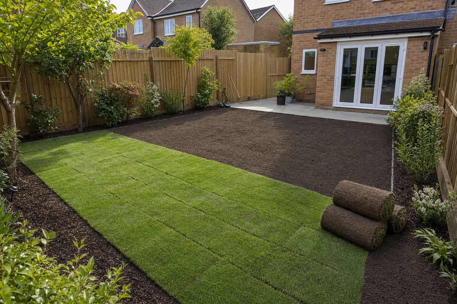 Freshly laid turf in a residential garden with rolls of grass and a brick house in the background.