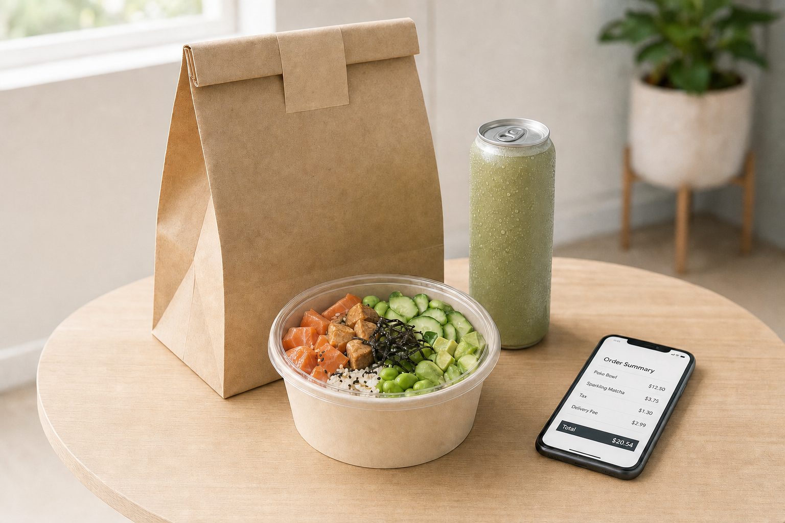 Poke bowl, canned drink, and smartphone displaying an order total, on a table with a paper bag in a bright room.