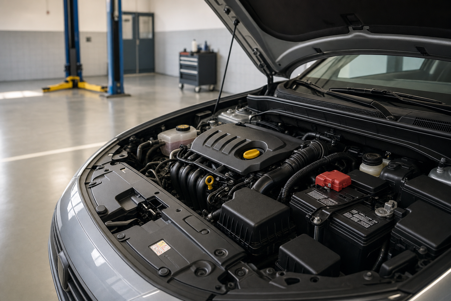 Car bonnet open showing engine components in a well-lit garage workshop.