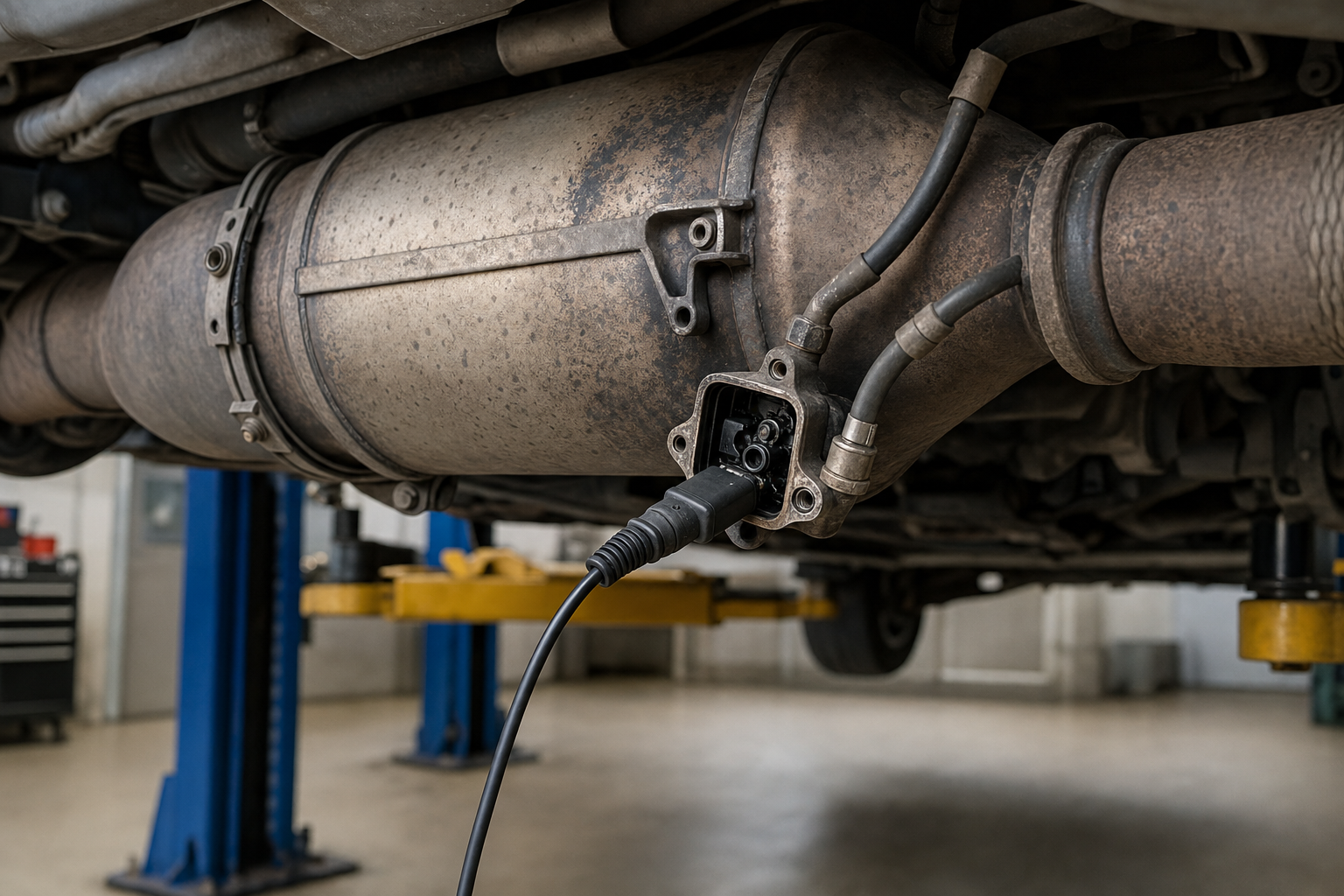 A diesel particulate filter with a cable attached, viewed from underneath a vehicle in a garage.