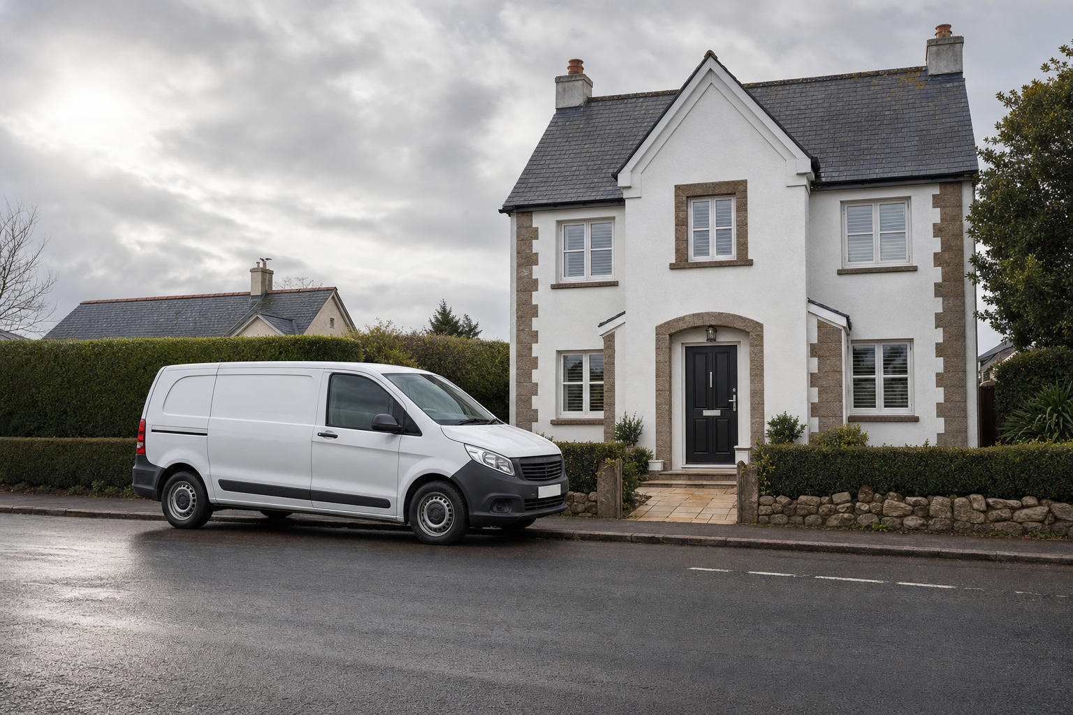A white van parked on the street in front of a two-storey house on a cloudy day.