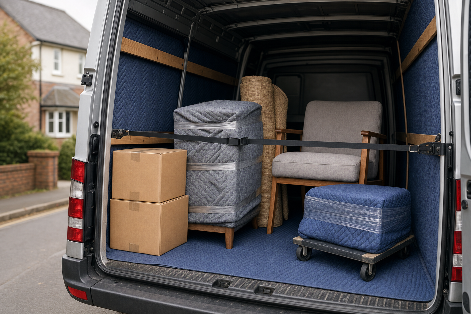 A van loaded with furniture and cardboard boxes, parked on a residential street.