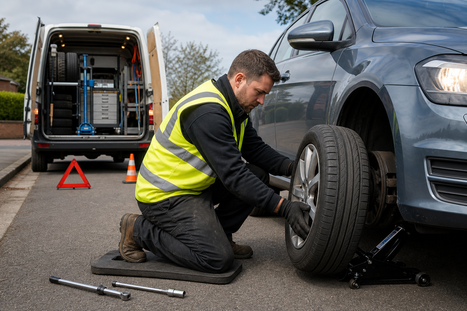 Mechanic wearing a safety vest changes a car tire on a roadside next to a service van.