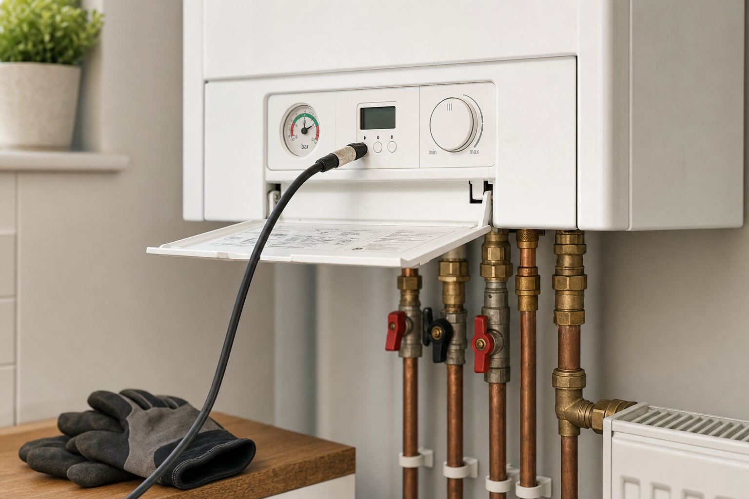Gas boiler with exposed control panel and connected cables, alongside copper pipes and a pair of gloves on a wooden surface.
