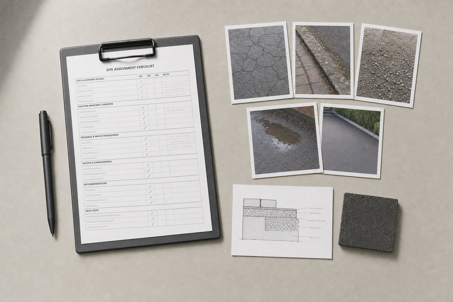 Site assessment checklist with photos of driveways and drainage issues, a diagram, and a concrete sample on a desk.