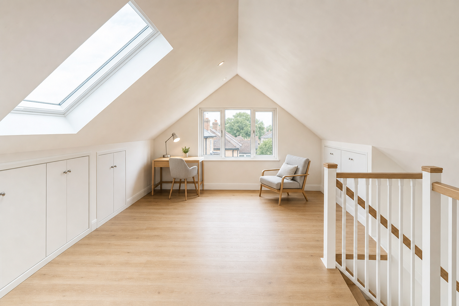 Spacious attic room with skylight, featuring wooden flooring, a desk, and an armchair next to a window overlooking rooftops.