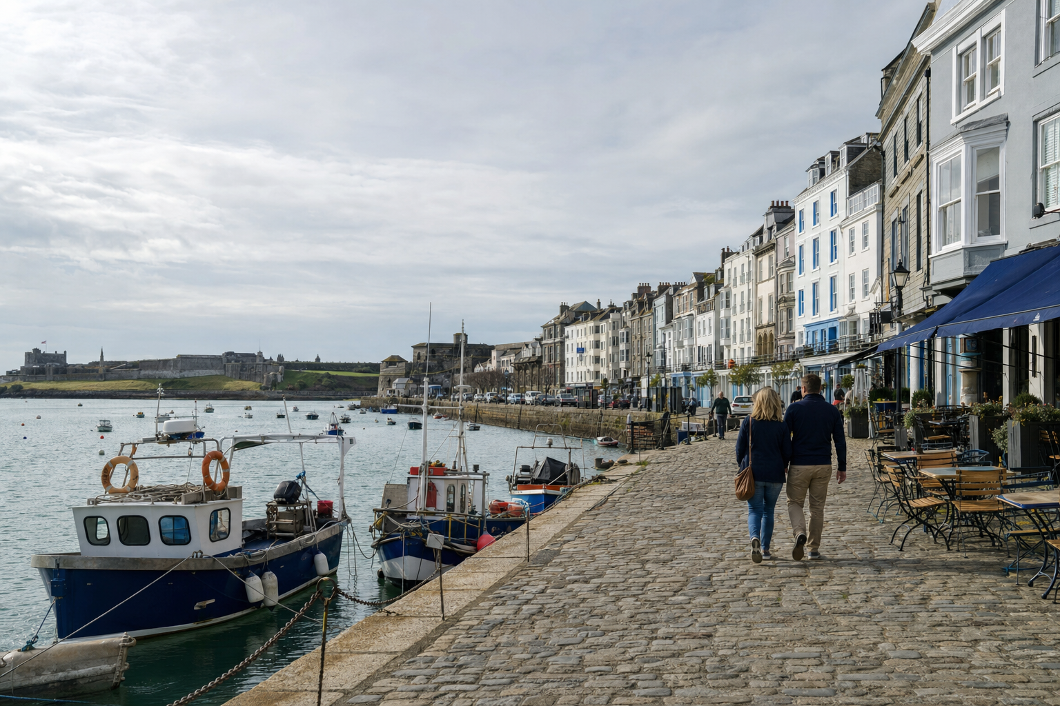 A couple walks along a scenic harbour lined with colourful boats and historic buildings under a cloudy sky.