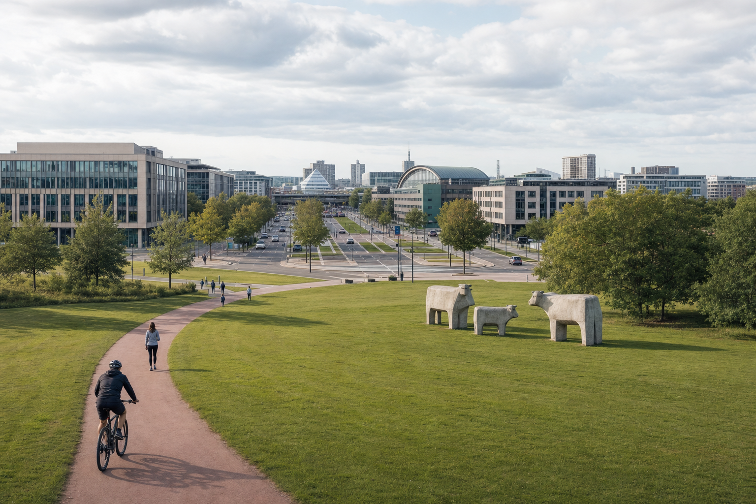 People walking and cycling on a path through a park with large concrete cow sculptures and city buildings in the background.