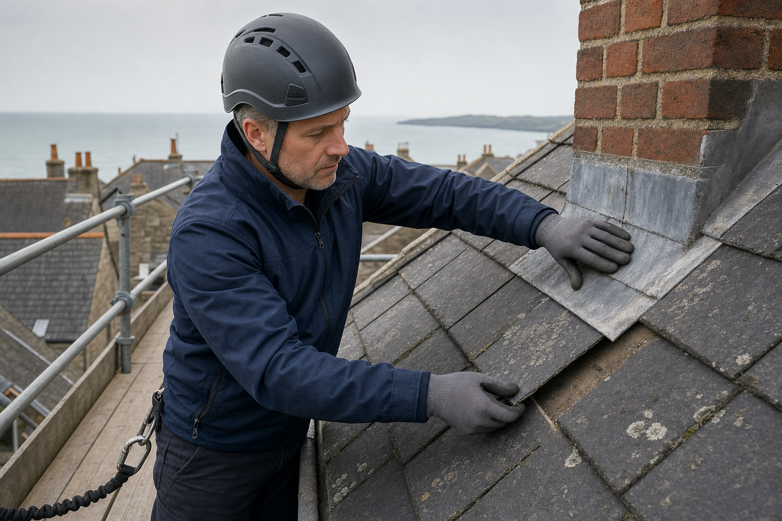 A man in safety gear repairs roof tiles next to a chimney overlooking a coastal town.
